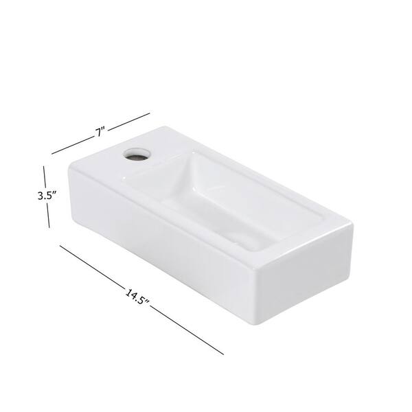 MEKKHALA Wall Mount Vessel Sink - 15" Rectangular Ceramic, White Marble Look, Left Hand Faucet Hole