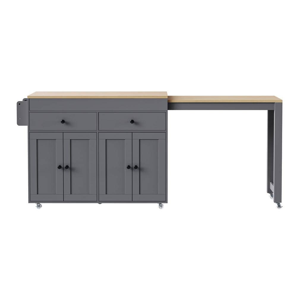 Gray Wood 74.5 in. Kitchen Island on Wheels with Extendable Dining Table,Spice Rack and 2 Drawers,4 Door Cabinet