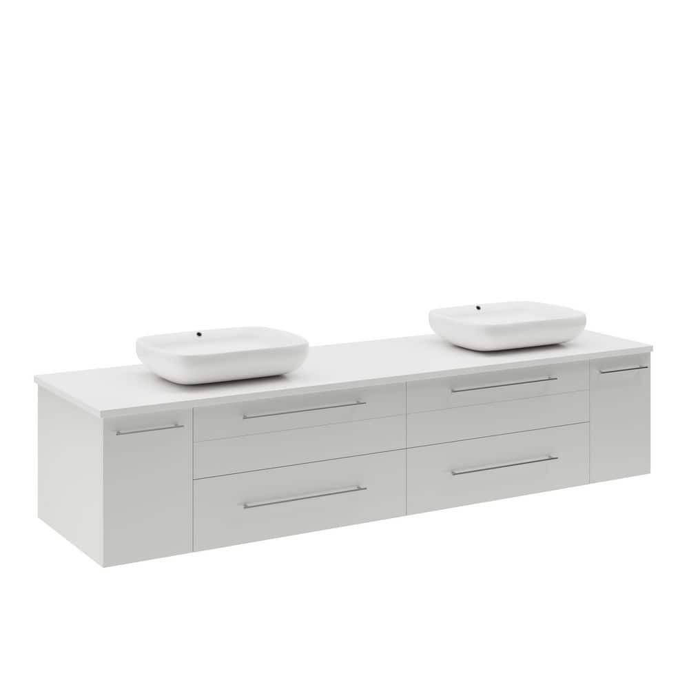 Elegant 72" White Quartz Top Double Vessel Sink Wall-Mount Vanity