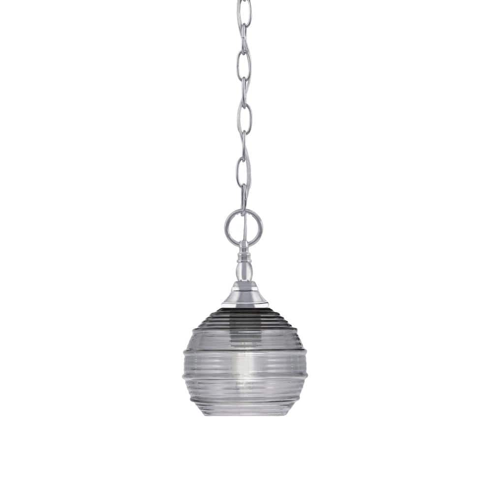 Elva 100-Watt 1-Light Chrome Shaded Pendant Light with 6 in. Smoke Ribbed G
