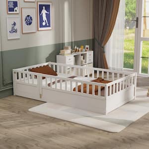 White Twin Size Wood Frame Floor Bed, Platform Bed with High Security Fence and Door