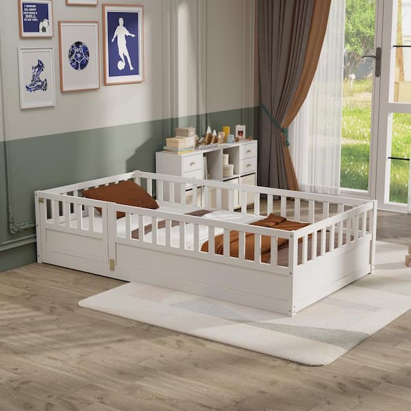 Harper & Bright Designs White Twin Size Wood Frame Floor Bed, Platform Bed High Security Fence and Door