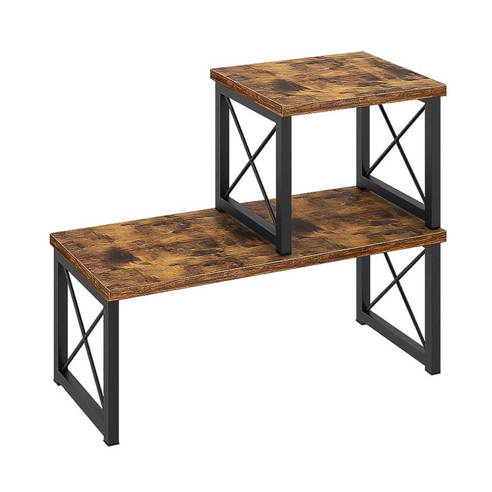 2-Tier Adjustable Small Bookshelf Organizer Rustic Brown Stackable Freestanding Desktop Shelf Storage Rack