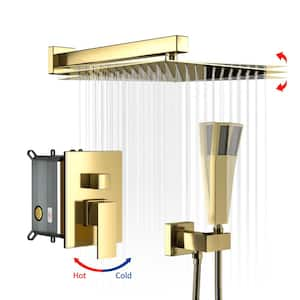 Dual Shower Head with 1.8 GPM 10 in. Wall Mount Rain Fixed Shower System with Rough-in Valve Gold