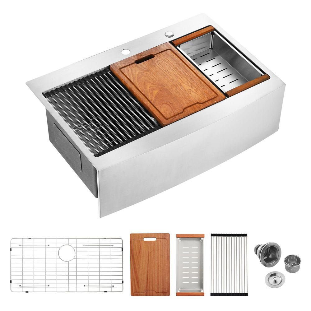 16-Gauge Stainless Steel 33 in. Single Bowl Farmhouse Apron Workstation Kit