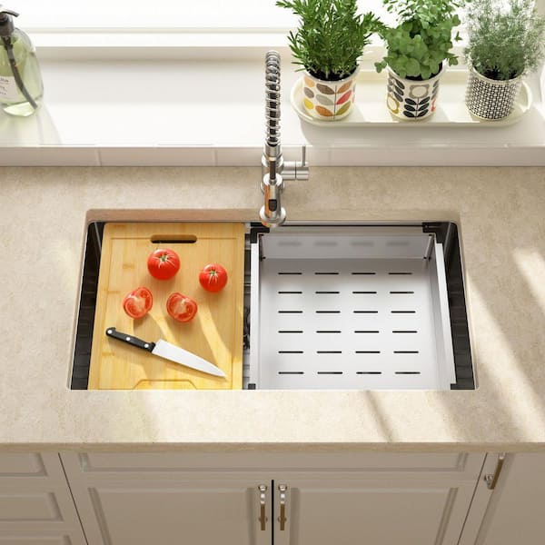 33 in. Undermount Single Bowl 16-Gauge Stainless Steel Kitchen Workstation Round Corner Sink with Cutting Board
