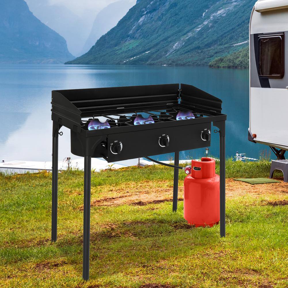 Portable Black 3-Burner Propane Gas Grill with Folding Shelves