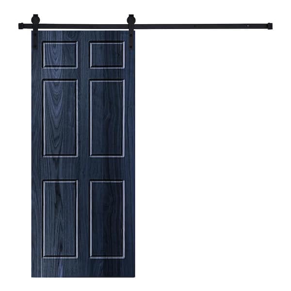 AIOPOP HOME 6-Panel Designed 96 in. x 30 in. Wood Panel Royal Navy Painted Sliding Barn Door with Hardware Kit