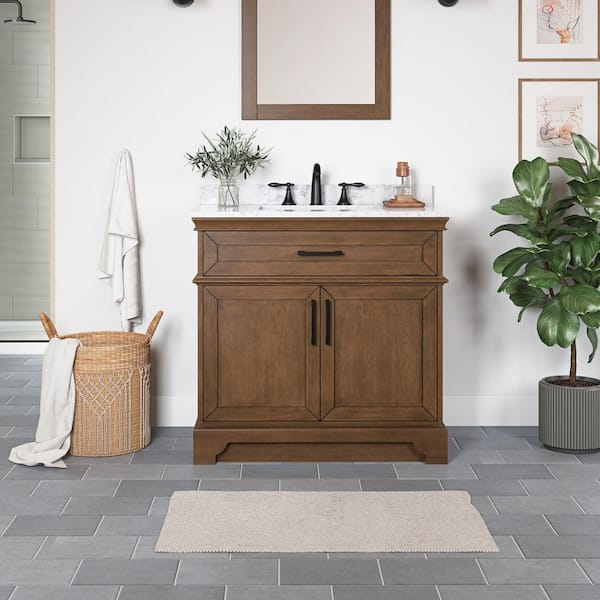 Home Decorators Collection Cherrydale 36 in. W x 22 in. D x 34 in. H Single Sink Bath Vanity in Almond Latte with White Engineered Marble Top