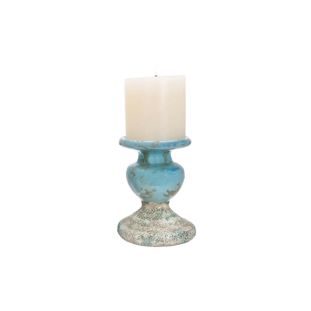 Distressed Blue Glazed Ceramic Candle Holder 5.5"x6.75"