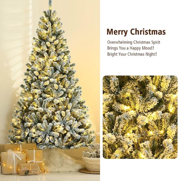 7 ft. Pre-Lit Snow Flocked Hinged Artificial Christmas Tree with 1116 Tips and Metal Stand