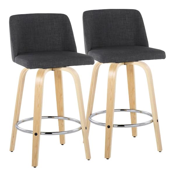 Lumisource Toriano 25.5 in. Charcoal Fabric, Natural Wood and Chrome Metal Fixed-Height Counter Stool Set of 2