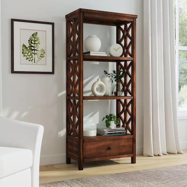 Butler Specialty Company Lorena 70 in. H Medium Brown Wood 3-Tier Etagere Bookcase with Storage Drawer