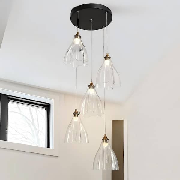 LNC 20 in. 5-Light Integrated LED Cluster Pendant Light Black and Brass Light with Hand-Blown Glass Shade for Foyer Entryway