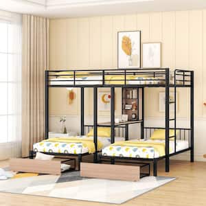 Detachable Style Black Full over Twin and Twin Metal Triple Bunk Bed with 2-Drawer, Built-in Desks and Shelves