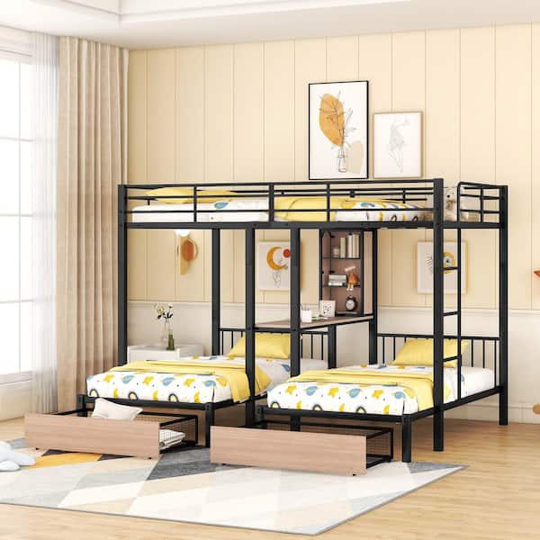 Harper & Bright Designs Detachable Style Black Full over Twin and Twin Metal Triple Bunk Bed with 2-Drawer, Built-in Desks and Shelves