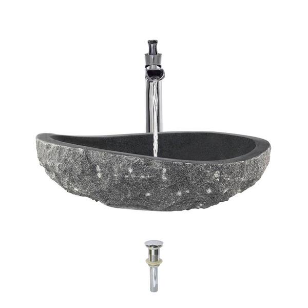 MR Direct Stone Vessel Sink in Impala Black Granite with 731 Faucet and Pop-Up Drain in Chrome