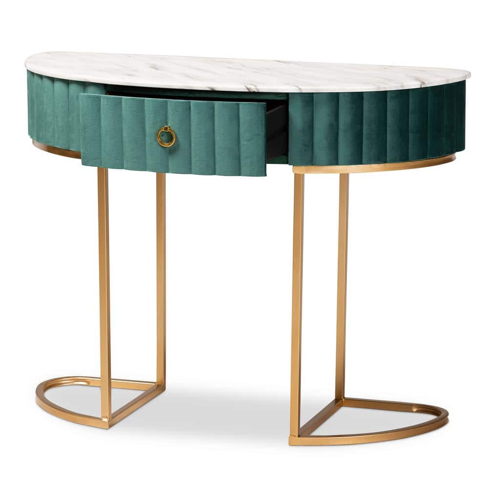 Luxurious Green Velvet and Gold 40" Console Table with Faux Marble Top