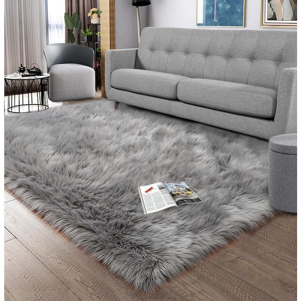 Sheepskin Faux Furry Gray Shaggy Cozy Rugs 5 ft. x 6 ft. 6 in. Area Rug