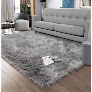 Sheepskin Faux Furry Gray Shaggy Cozy Rugs 5 ft. x 6 ft. 6 in. Area Rug