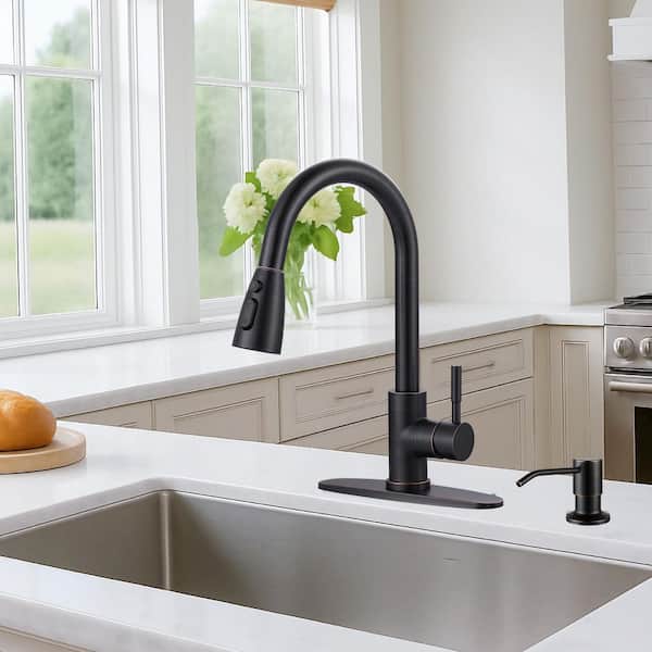 Single Handle Pull Down Sprayer Kitchen Faucet with 3-Function Sprayer and Soap Dispenser in Oil Rubbed Bronze