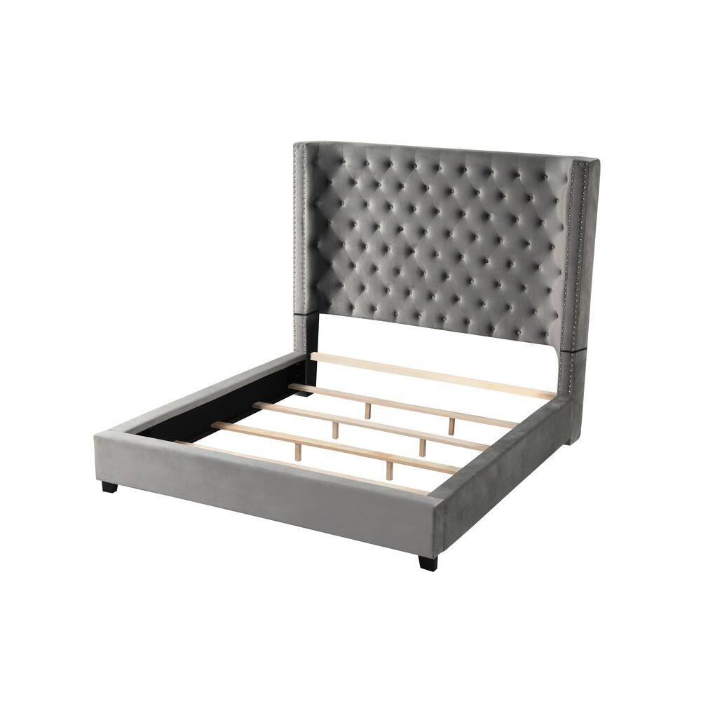 Regal Velvet King Platform Bed with Nailhead Trim in Gray