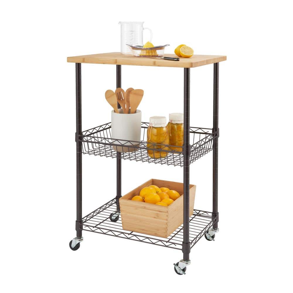 24" Dark Bronze Steel Kitchen Cart with Bamboo Top and Adjustable Storage