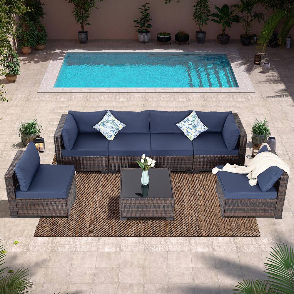 7-Piece Brown Wicker Patio Conversation Set with Blue Cushions price history on PriceWatchPro