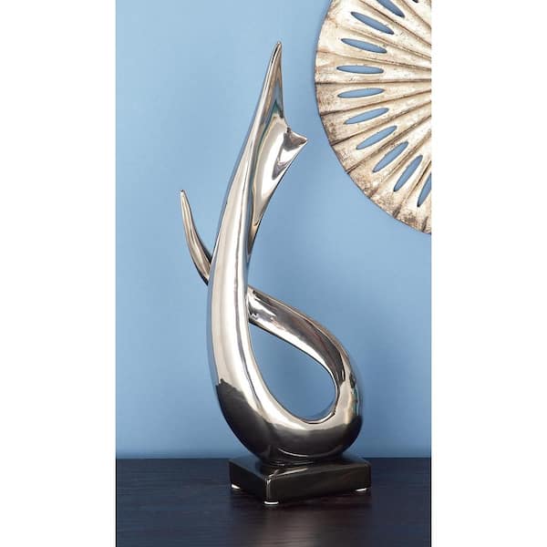 Litton Lane 4 in. x 17 in. Silver Porcelain Abstract Sculpture with Black Base
