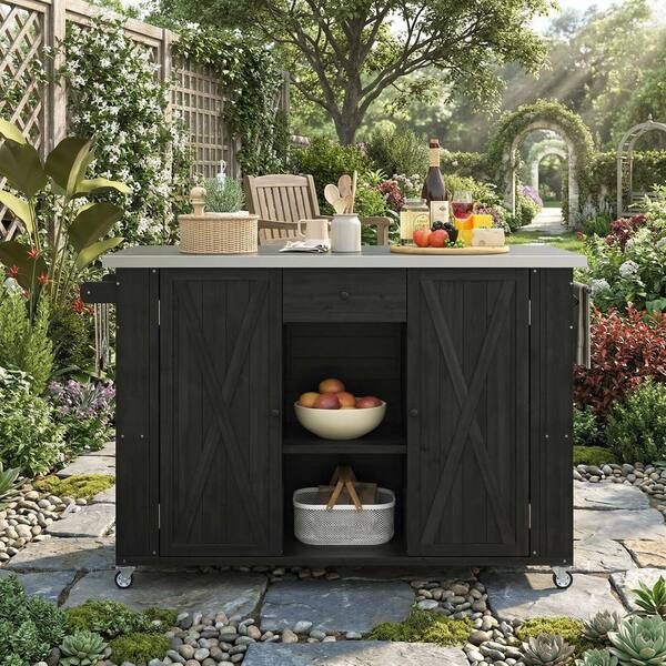 Black Fir Wood Outdoor Bar Cart Kitchen Island with Stainless