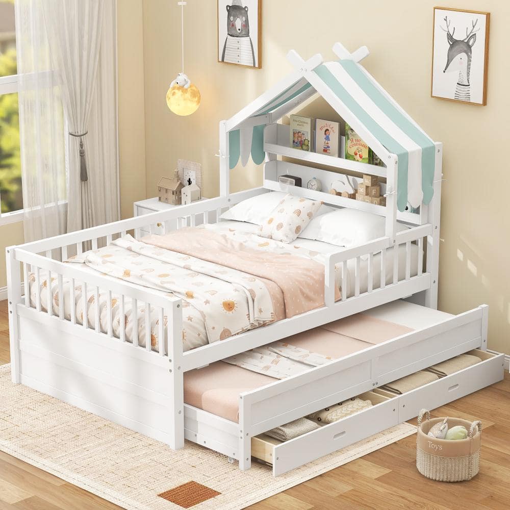 White Wood Frame Full Size Platform Bed with Trundle, Drawers, Headboard Shelves, Guardrails price history on PriceWatchPro