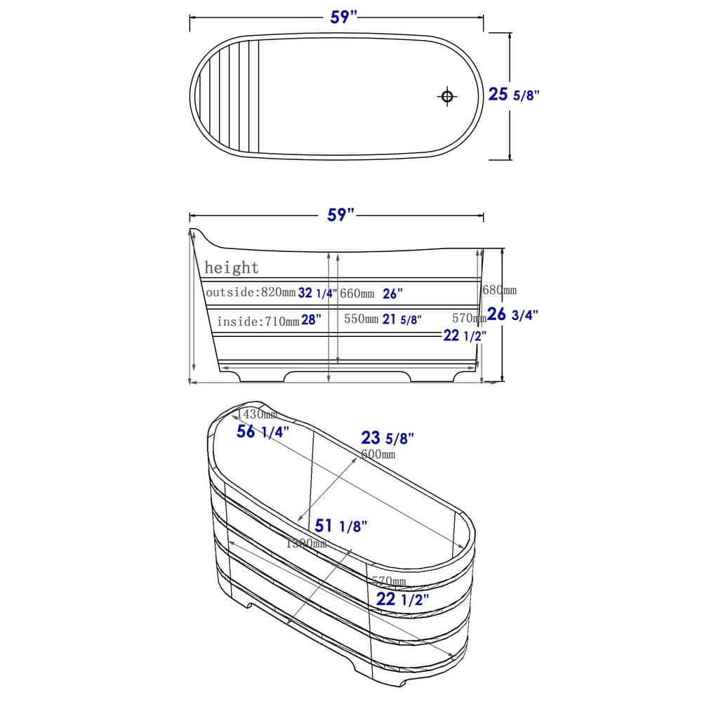 ALFI Brand 59'' Cedar Wood Freestanding Soaking Tub with Bench