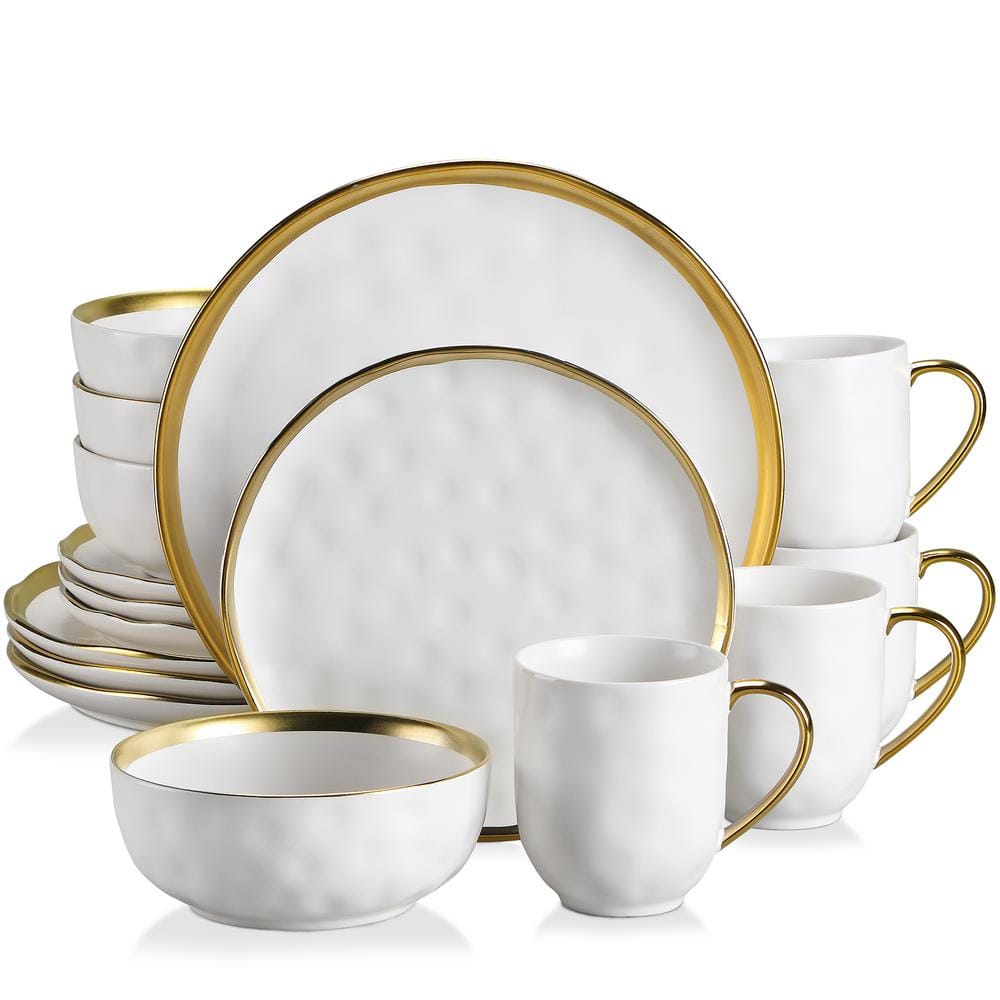 LOVECASA Sweet 16Piece White Golden Edge Stoneware Dinnerware Set