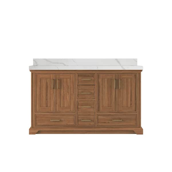 Willow Collections Charlotte Teak 60 in. W x 22 in. D x 36 in. H Double Sink Bath Vanity in Dark Natural with 2 in. Calacatta Laza Qt. Top