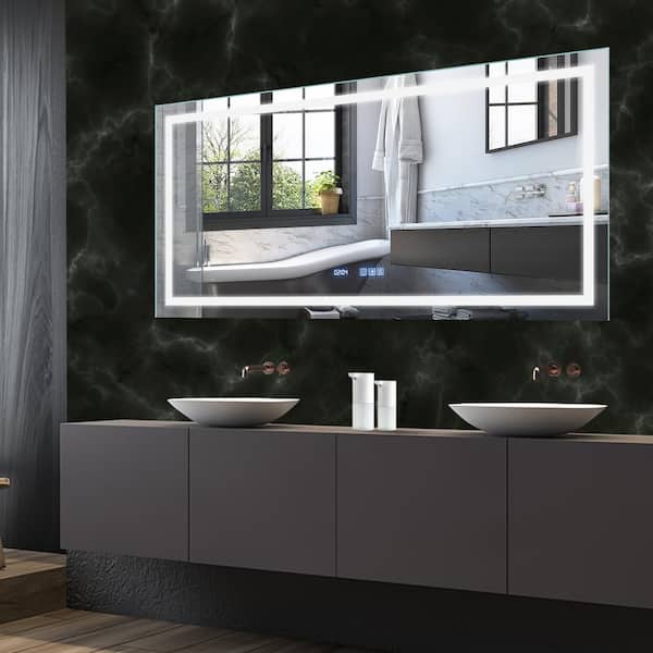 Unbranded 64 in. W x 32 in. H Large Rectangular Frameless Anti-Fog Wall Mounted Bathroom Vanity Mirror in Silver