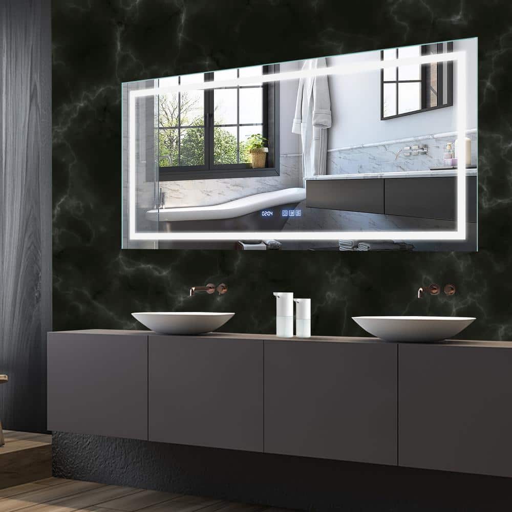 60 in. W x 28 in. H Large Rectangular Frameless Anti-Fog Wall Mounted Bathr