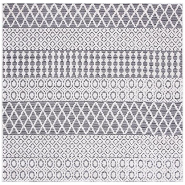 SAFAVIEH Cabana Ivory/Gray 8 ft. x 8 ft. Square Geometric Striped Indoor/Outdoor Area Rug