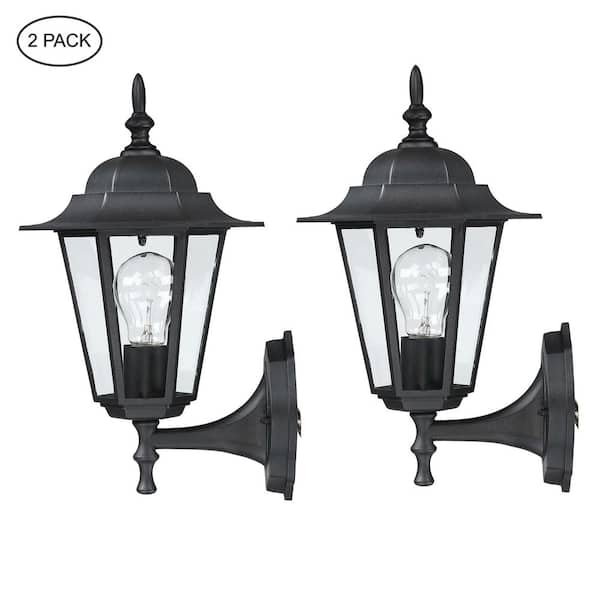 14.5 in. 1-Light Matte Black Outdoor Wall Lantern Sconce with Clear Glass (2-Pack)