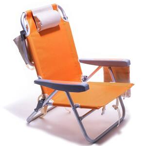 Orange Aluminum Patio Folding Beach Chair Lawn Chair Adjustable Camping Chair with Side Pockets and Neck Pillow