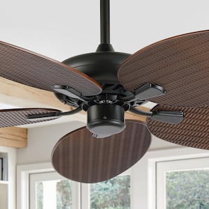Raffles 52 in. Bohemian Industrial App/Remote-Controlled 6-Speed Palm Blade Ceiling Fan, Black/Neutral Brown Wood Finish