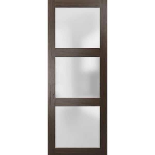 Sartodoors 18 in. x 84 in. No Bore Solid 3-Lite Frosted Glass Brown Finished Pine Wood Interior Door Slab