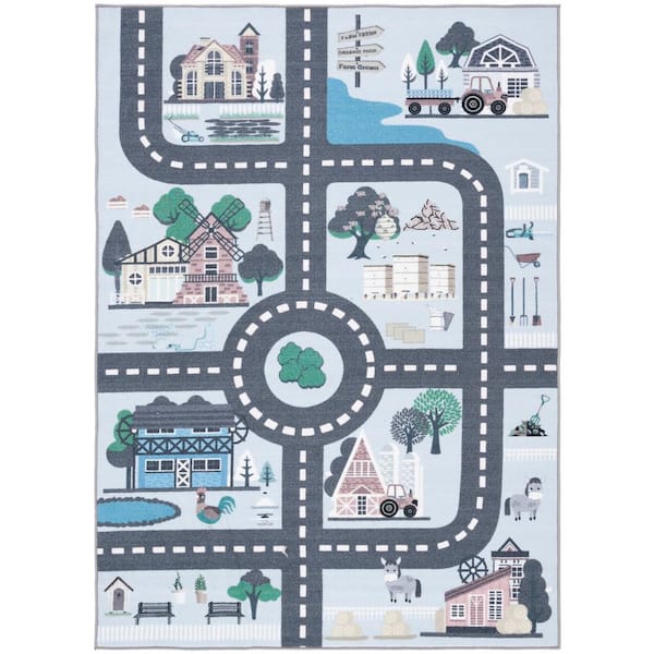 Kids Playhouse Blue/Dark Gray 5 ft. x 8 ft. Machine Washable Novelty Area Rug