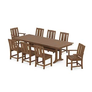 Mission 9-Piece Farmhouse Trestle Plastic Rectangular Outdoor Dining Set in Teak