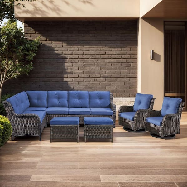 moosprr 6-Piece Brown Wicker Patio Conversation Set with Olefin Blue Cushions L-Shaped Sofa with Ottoman/Swivel Patio Chairs