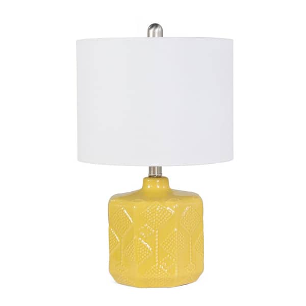Elegant Designs 19 in. Floral Textured Eyelet Pattern Contemporary Bohemian Ceramic Bedside Table Lamp with White Shade, Ochre Yellow