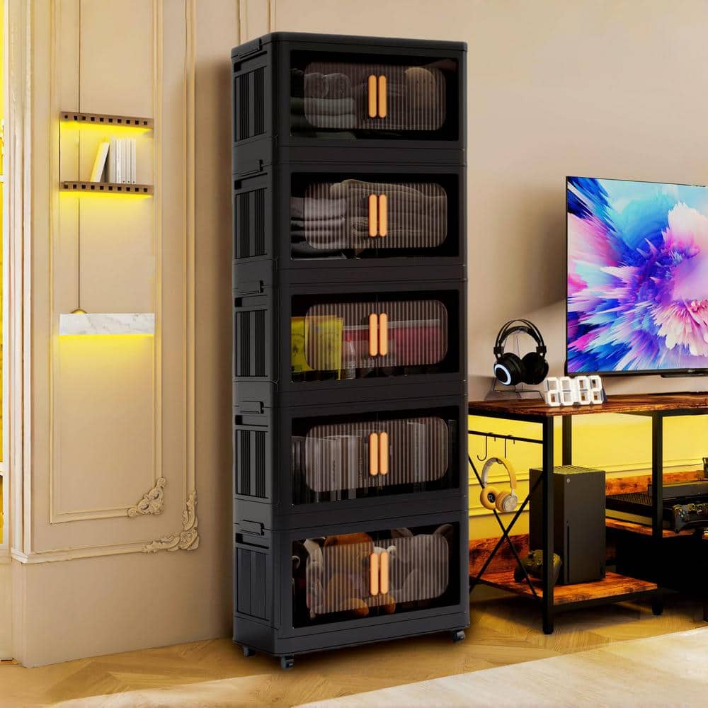 50 in. H Black Plastic Folding Storage Cabinet with Wheel 5-Tier Collapsibl