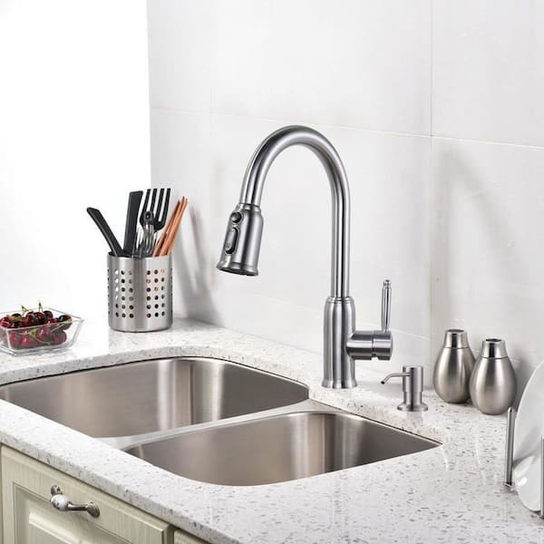 Stainless Steel Single Handle Pull Down Sprayer Kitchen Faucet with Soap Dispenser in Brushed Nickel