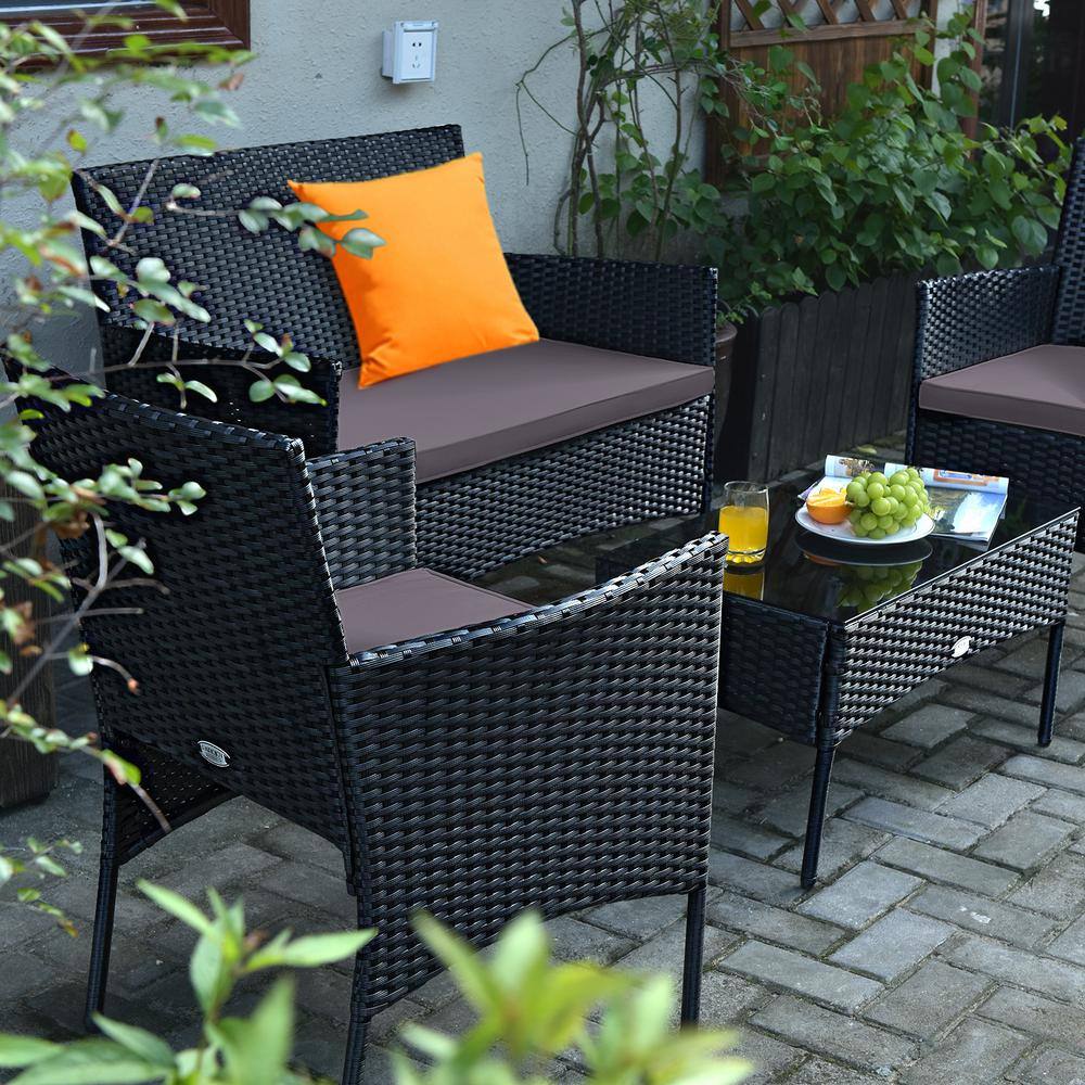 Gray and Off-White 4-Person Rattan Outdoor Sofa Set with Tempered Glass Table