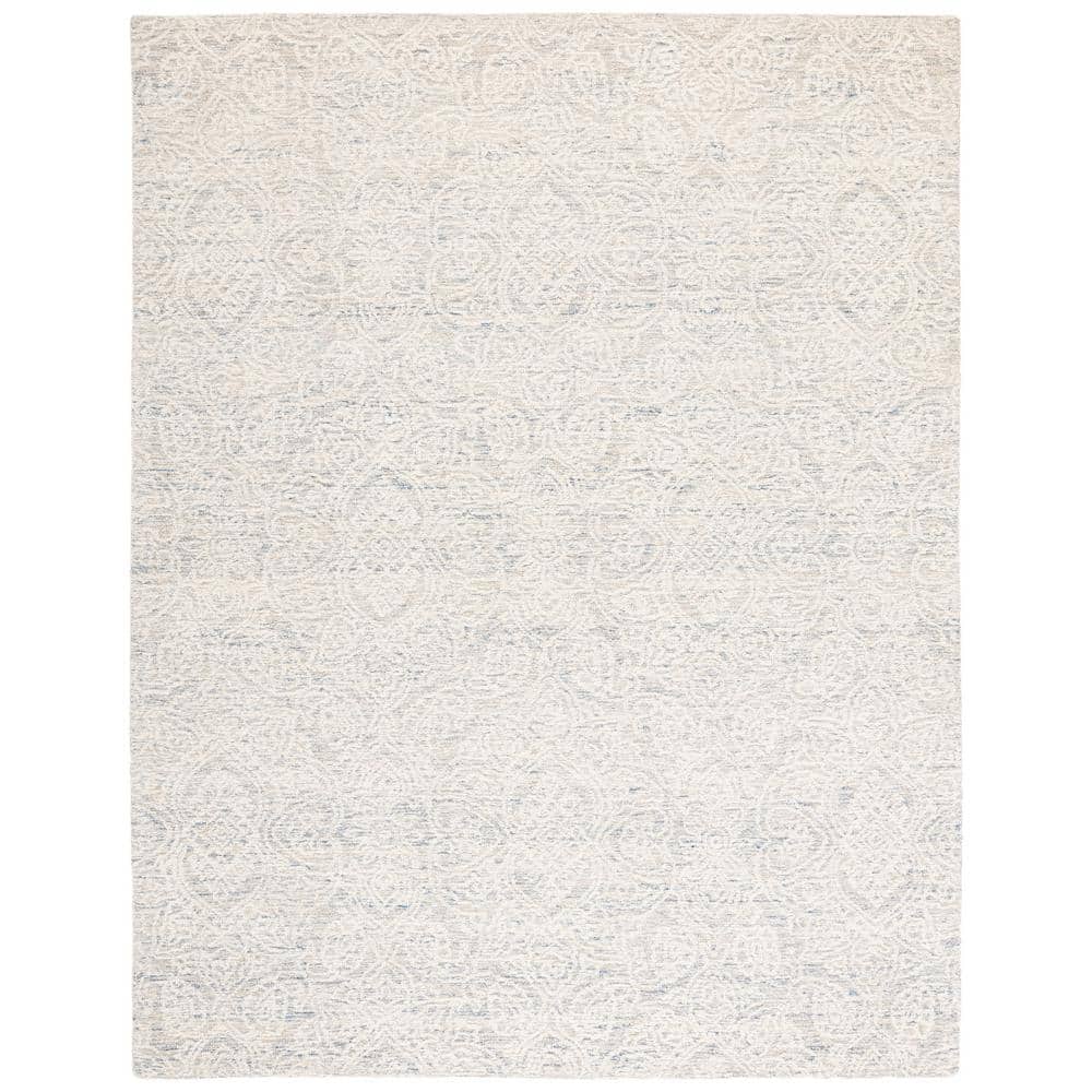 Light Blue and Ivory Floral Wool 8' x 10' Handmade Tufted Rug