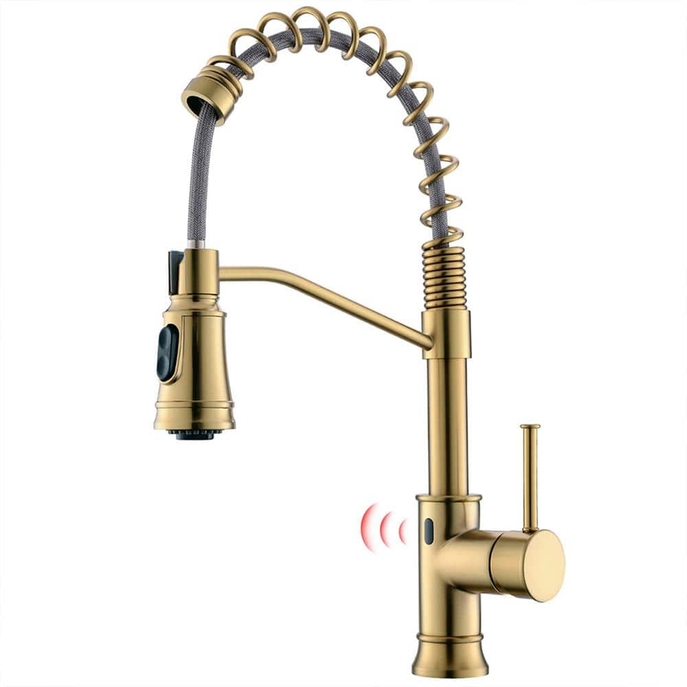 Touchless Single Handle Pull Down Sprayer Kitchen Faucet with Advanced Spray Spring Brass Kitchen Taps in Brushed Gold -  AIMADI, KI-0102-BG